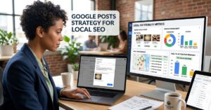 business owner managing Google Posts for local SEO visibility and customer engagement