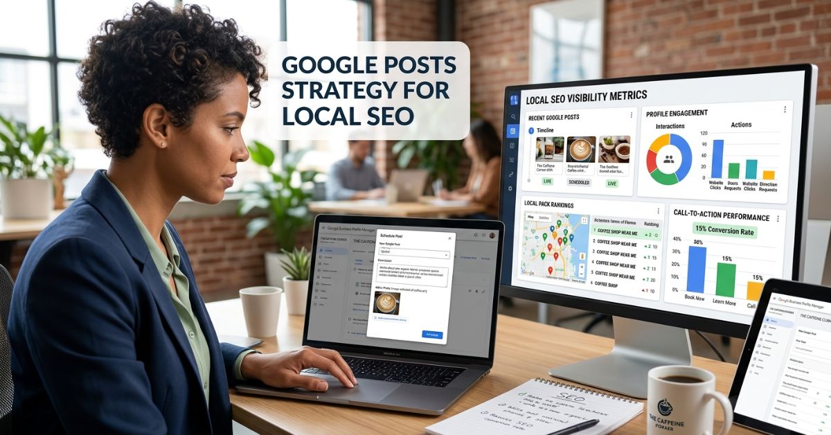 business owner managing Google Posts for local SEO visibility and customer engagement