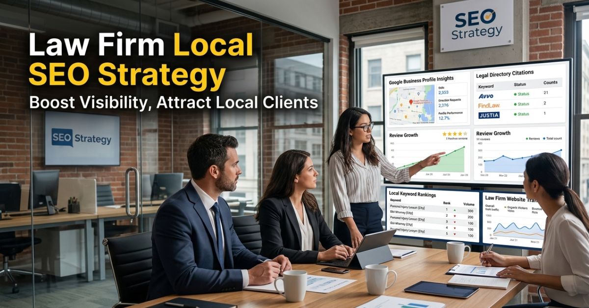 attorney reviewing law firm local SEO rankings and Google Business Profile performance