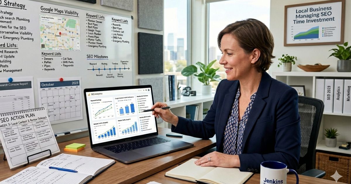 local business owner planning SEO tasks and tracking rankings