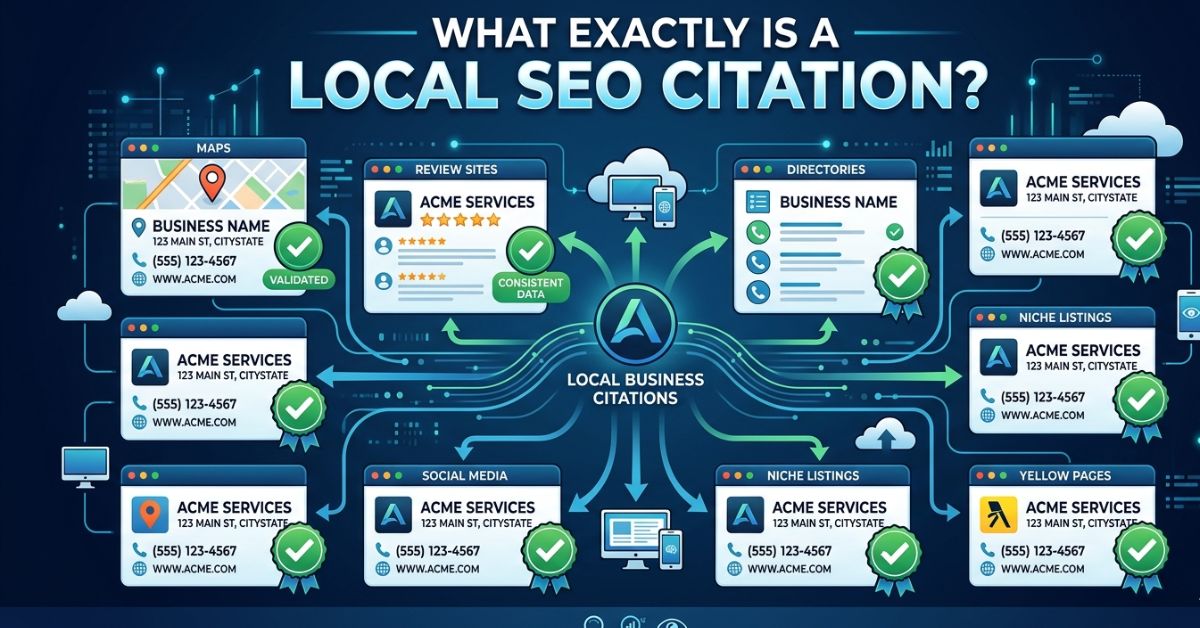 local seo citation example showing business name address phone number across directories