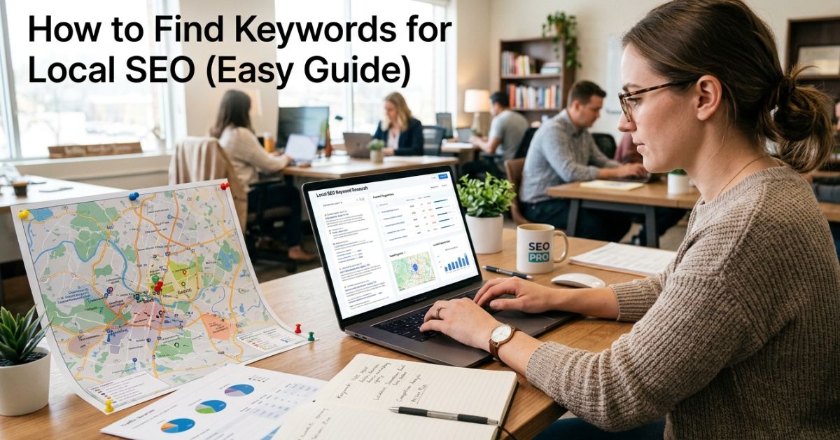 SEO specialist researching local keywords using tools like Google Keyword Planner and search results