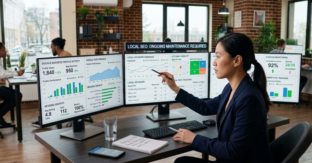 business owner monitoring local SEO rankings and Google Business Profile performance