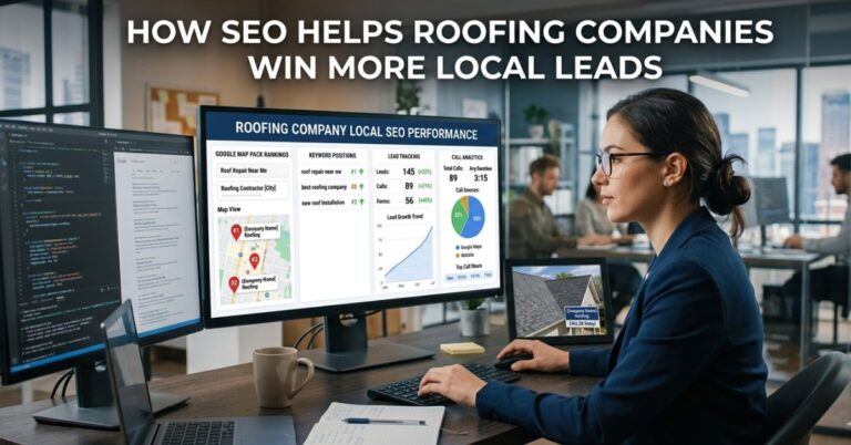 SEO expert analyzing roofing company local search rankings and lead generation data