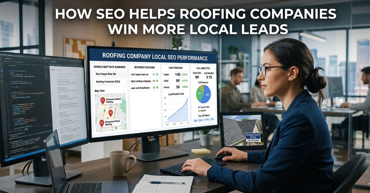 SEO expert analyzing roofing company local search rankings and lead generation data