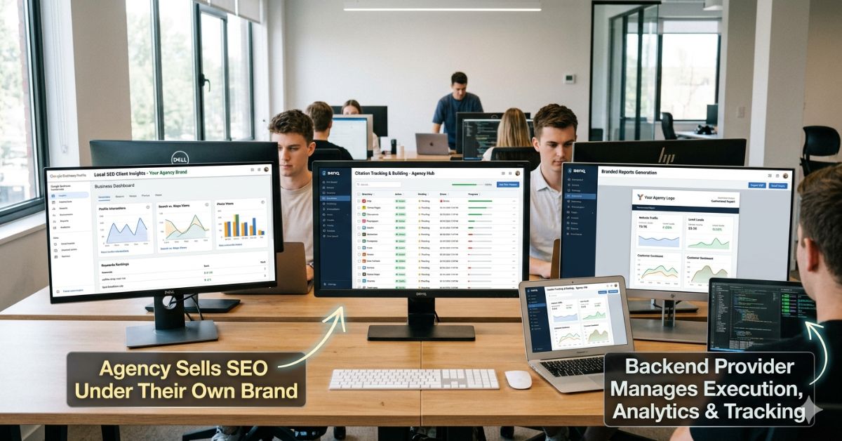 Marketing agency reviewing white label local SEO reports and client dashboards