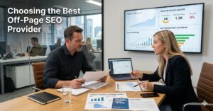 Business evaluating an off-page SEO provider for link building and authority growth
