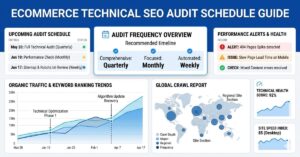 ecommerce SEO dashboard with audit calendar and performance graphs