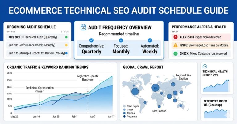 ecommerce SEO dashboard with audit calendar and performance graphs