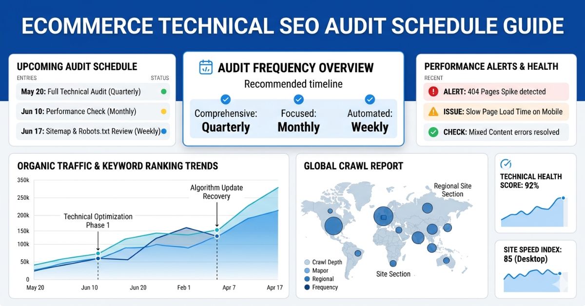 ecommerce SEO dashboard with audit calendar and performance graphs