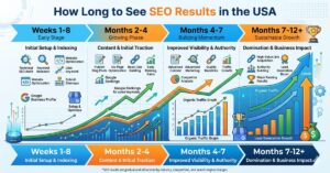 SEO growth timeline showing ranking improvements and organic traffic growth across different stages