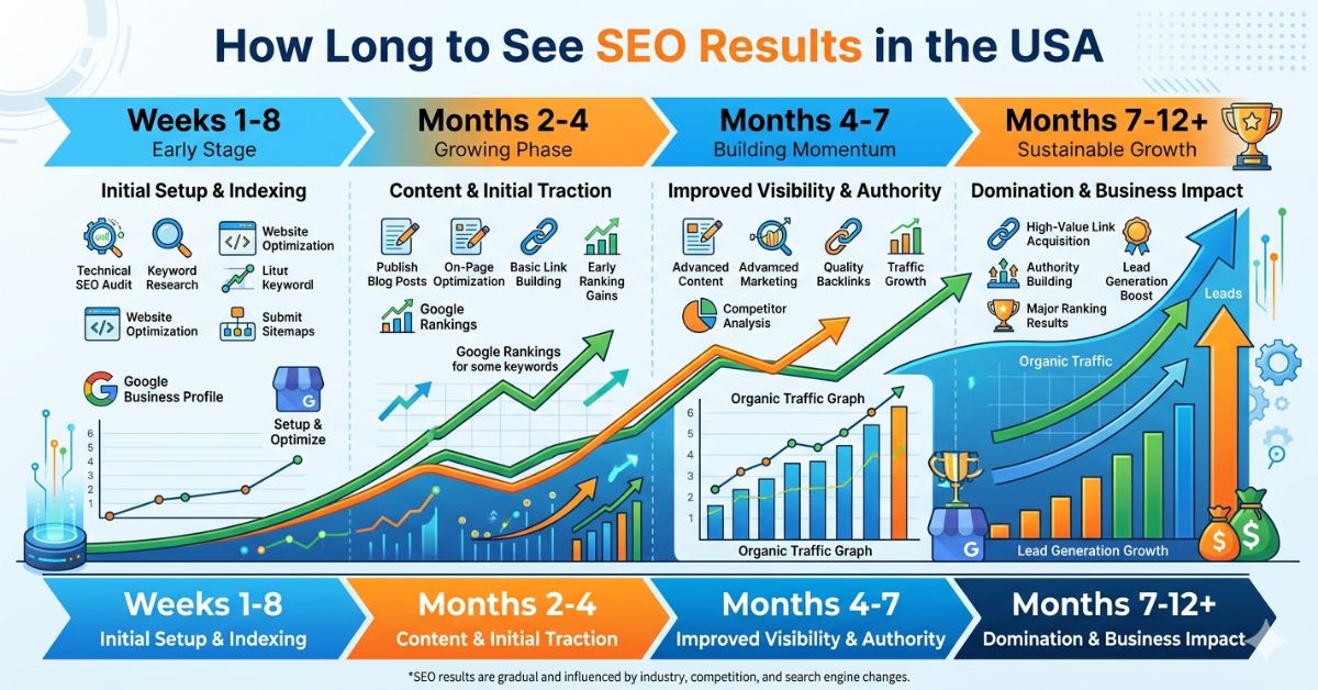 SEO growth timeline showing ranking improvements and organic traffic growth across different stages