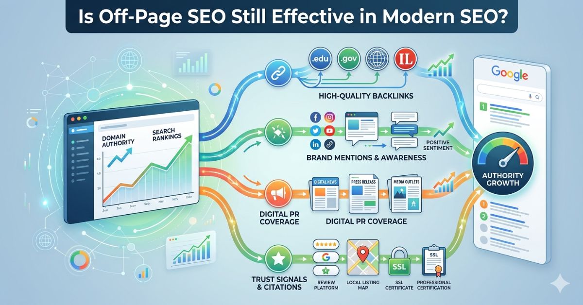 Off-page SEO improving rankings through backlinks and authority signals