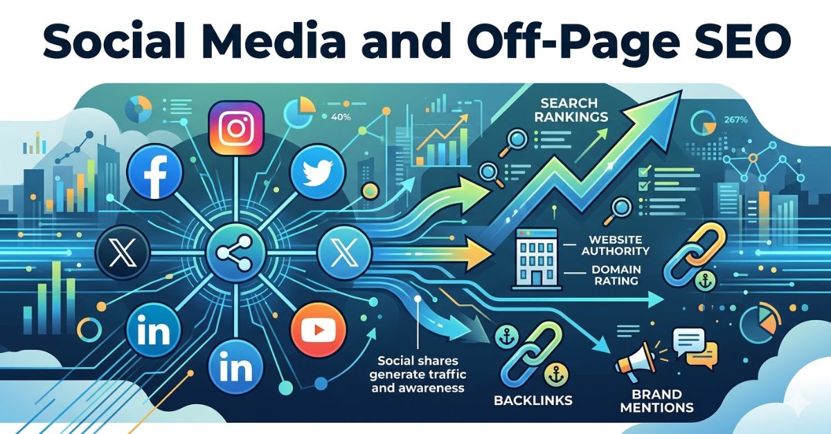 Social media supporting off-page SEO through content distribution and brand visibility