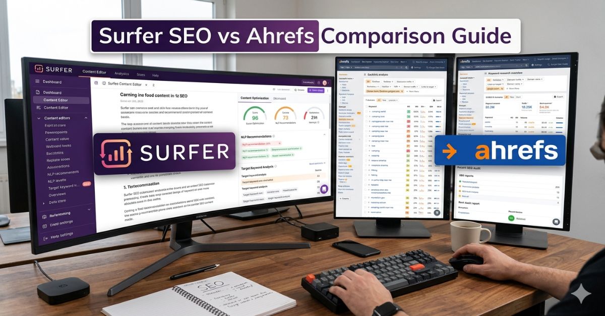 SEO professional comparing Surfer SEO and Ahrefs dashboards