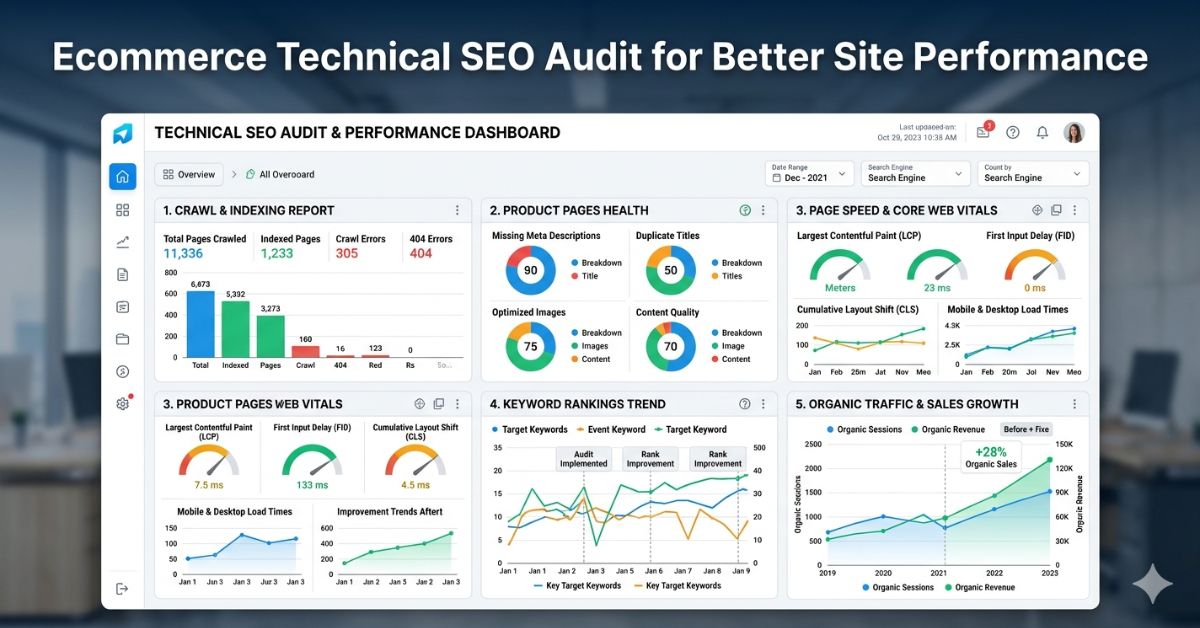 ecommerce dashboard with SEO analytics and product catalog structure