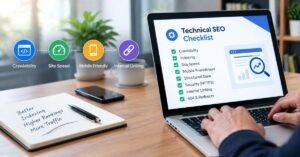 Technical SEO checklist PDF showing crawlability, indexing, site speed, mobile SEO, structured data, and internal linking