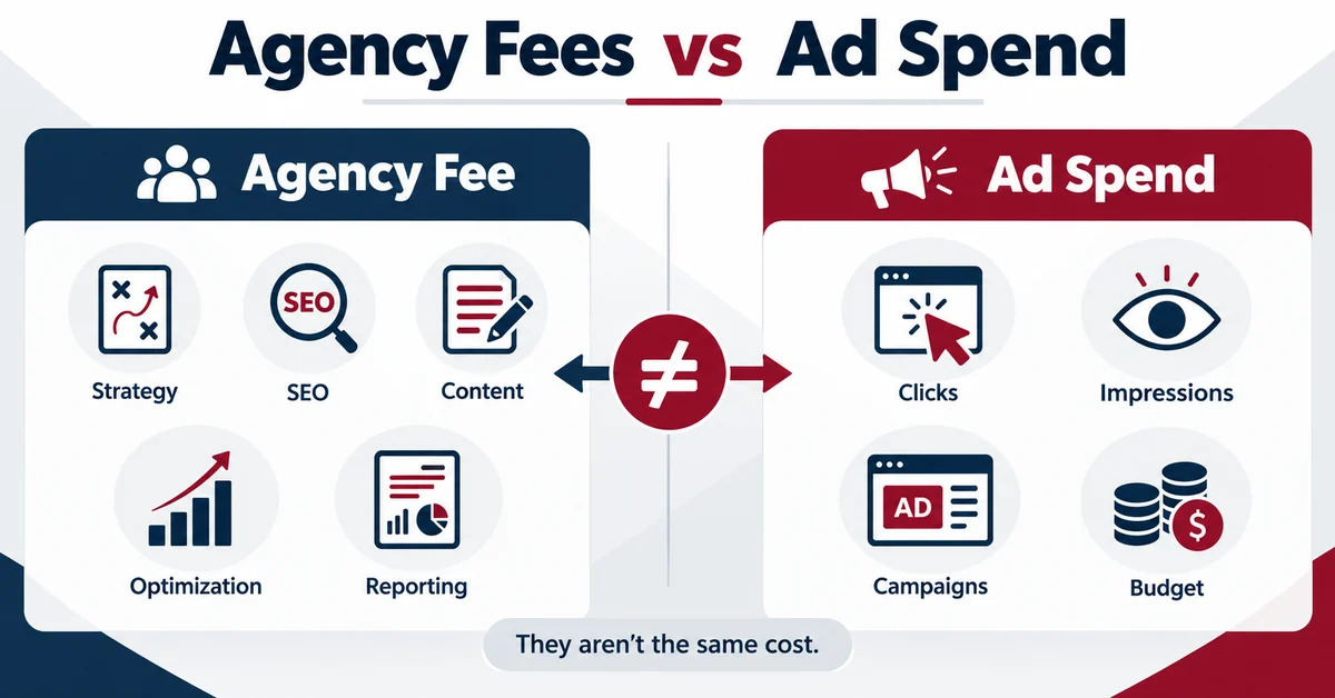 Agency fees cover strategy, SEO, content, optimization and reporting; ad spend pays for advertising campaigns.