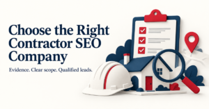 Illustration of a contractor hardhat, house, checklist, and magnifying glass for evaluating an SEO company.