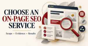 Illustration of a website page, magnifying glass, and checklist for evaluating an on-page SEO service.