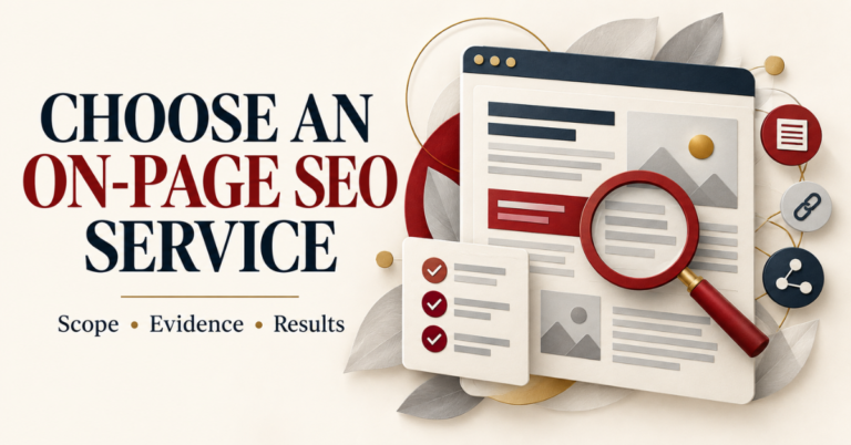 Illustration of a website page, magnifying glass, and checklist for evaluating an on-page SEO service.