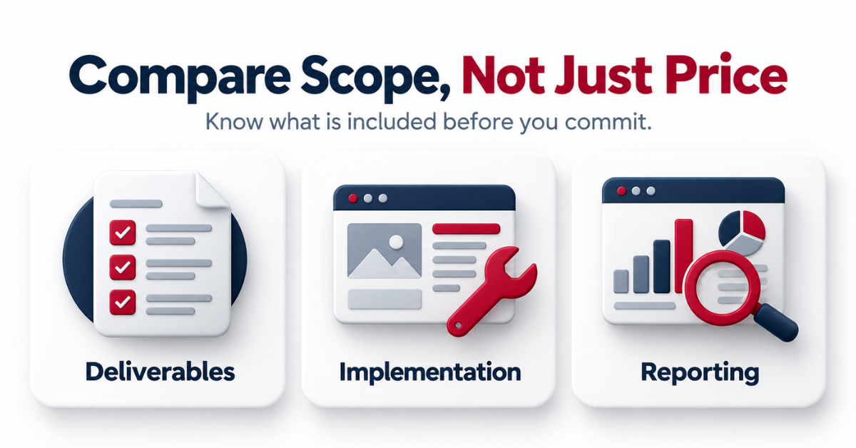Compare SEO proposals by deliverables, implementation responsibilities, and reporting.