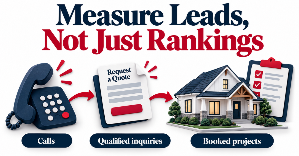 Illustration of calls, qualified quote inquiries, and booked projects in contractor SEO reporting.