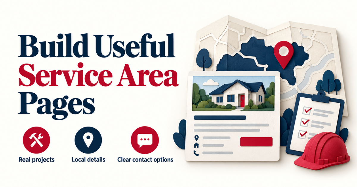 Illustration of a local map, project page, and checklist for useful contractor service area content.