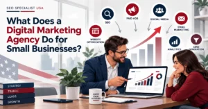 Illustrated guide to digital marketing agency services for small businesses, including SEO, paid ads, social media, email, analytics and lead generation.