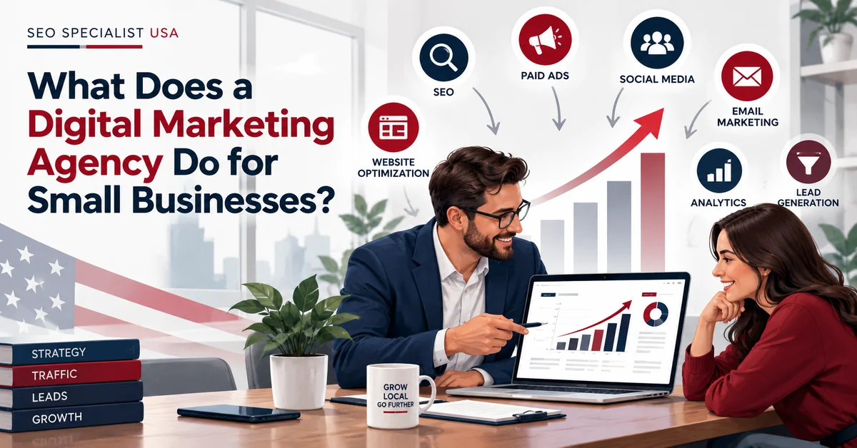 Illustrated guide to digital marketing agency services for small businesses, including SEO, paid ads, social media, email, analytics and lead generation.