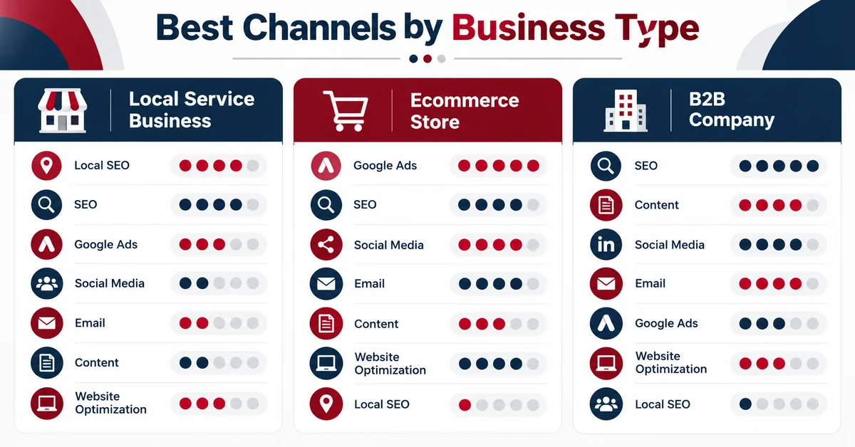 Illustrative comparison of marketing channels for local service businesses, ecommerce stores and B2B companies.