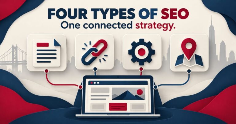 Four connected symbols for on-page, off-page, technical and local SEO around a website.