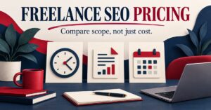 Freelance SEO pricing illustration with a clock, project brief and calendar for three payment models.