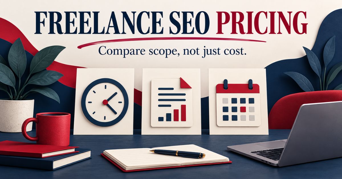 Freelance SEO pricing illustration with a clock, project brief and calendar for three payment models.
