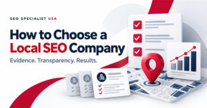 How to choose a local SEO company: evaluation checklists, a map pin, and a performance chart.