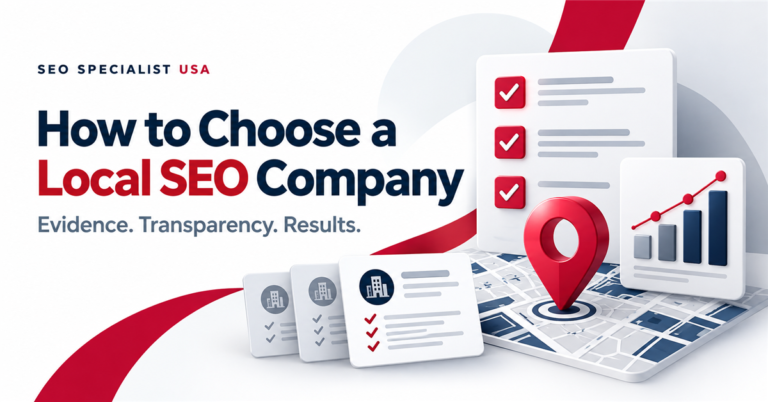 How to choose a local SEO company: evaluation checklists, a map pin, and a performance chart.