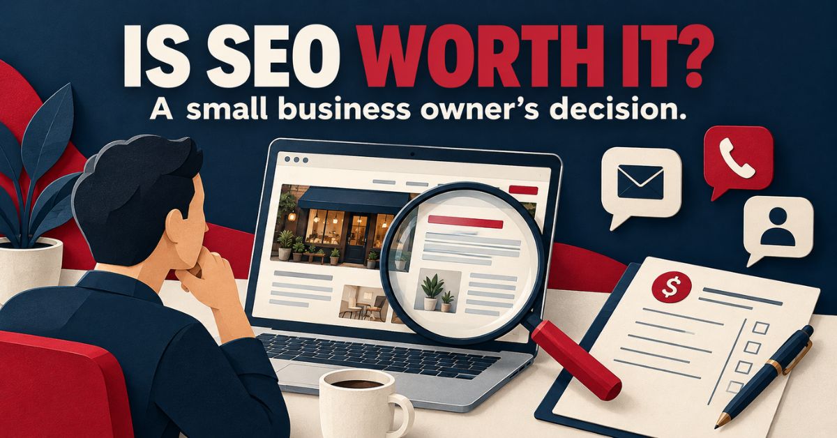 Business owner reviewing a website and budget with enquiry icons for an SEO investment decision.