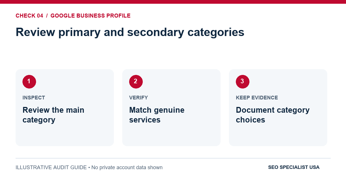 Audit diagram for review primary and secondary categories: Review the main category; Match genuine services; Document category choices.