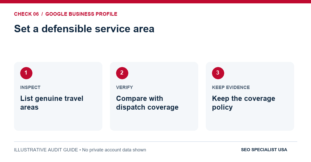 Audit diagram for set a defensible service area: List genuine travel areas; Compare with dispatch coverage; Keep the coverage policy.