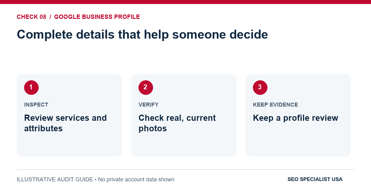 Audit diagram for complete details that help someone decide: Review services and attributes; Check real, current photos; Keep a profile review.