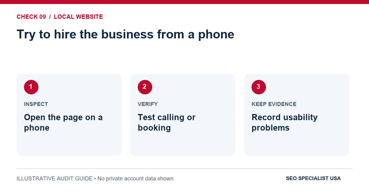 Audit diagram for try to hire the business from a phone: Open the page on a phone; Test calling or booking; Record usability problems.