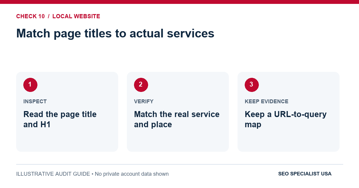 Audit diagram for match page titles to actual services: Read the page title and H1; Match the real service and place; Keep a URL-to-query map.