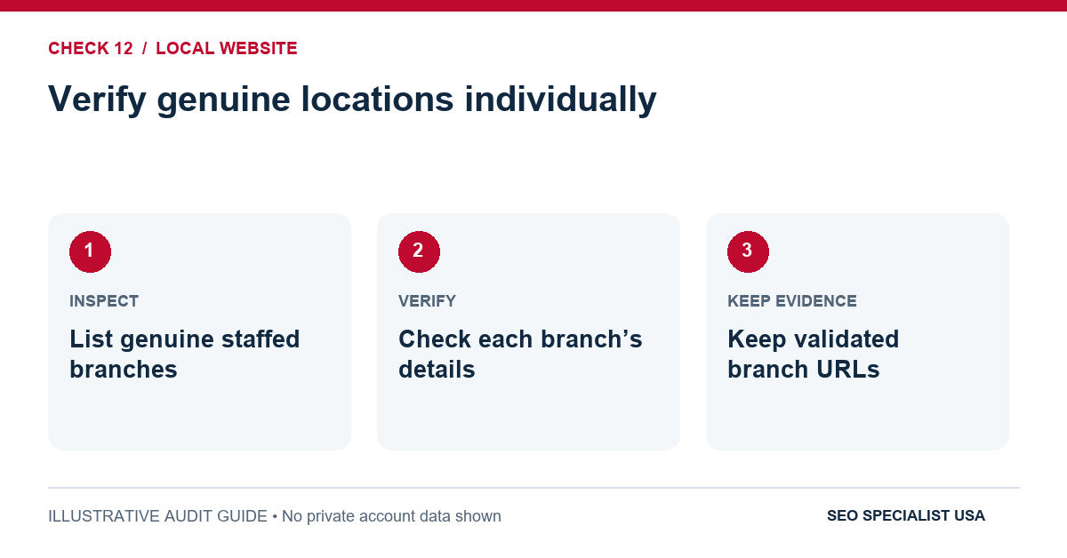 Audit diagram for verify genuine locations individually: List genuine staffed branches; Check each branch’s details; Keep validated branch URLs.