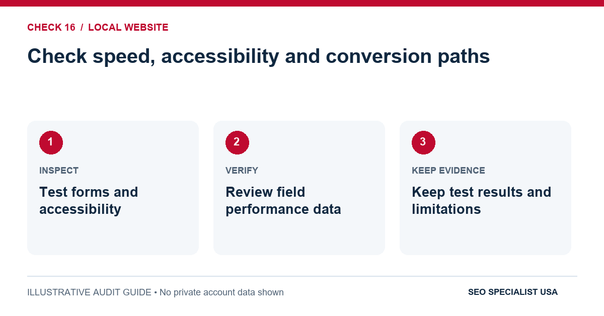 Audit diagram for check speed, accessibility and conversion paths: Test forms and accessibility; Review field performance data; Keep test results and limitations.