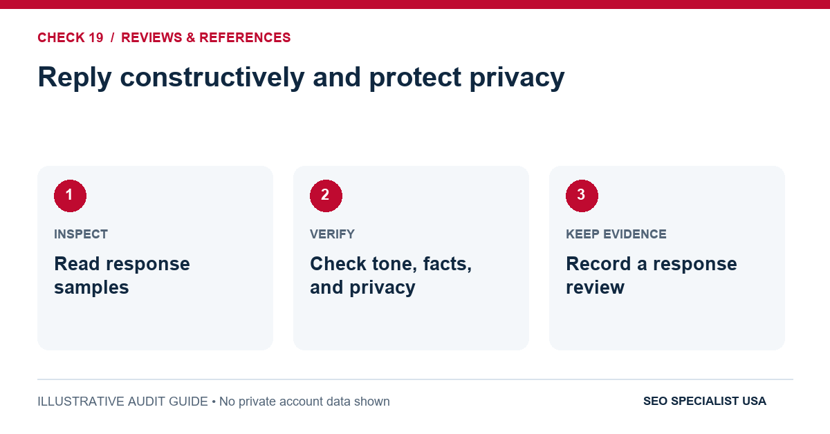 Audit diagram for reply constructively and protect privacy: Read response samples; Check tone, facts, and privacy; Record a response review.