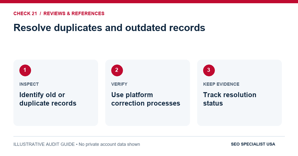 Audit diagram for resolve duplicates and outdated records: Identify old or duplicate records; Use platform correction processes; Track resolution status.