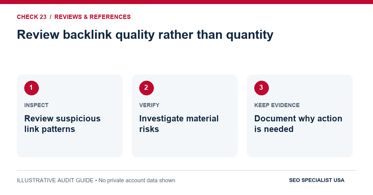 Audit diagram for review backlink quality rather than quantity: Review suspicious link patterns; Investigate material risks; Document why action is needed.