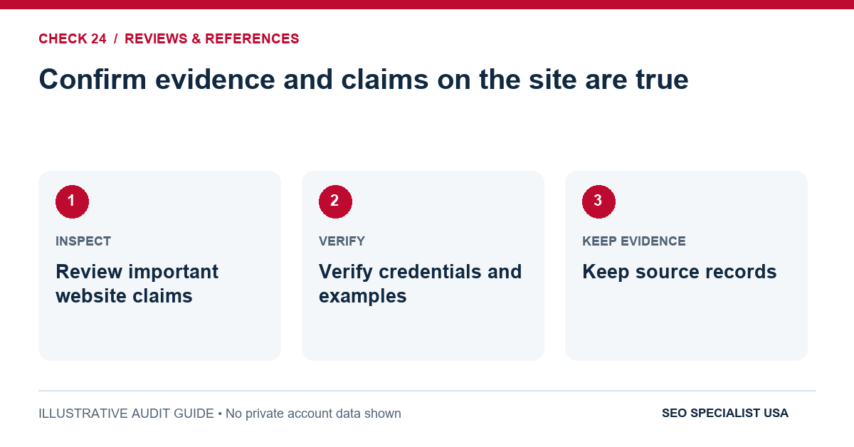 Audit diagram for confirm evidence and claims on the site are true: Review important website claims; Verify credentials and examples; Keep source records.