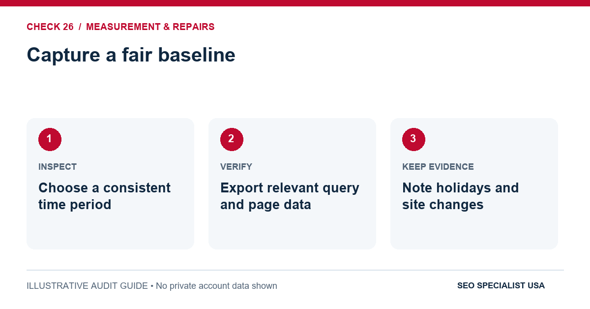 Audit diagram for capture a fair baseline: Choose a consistent time period; Export relevant query and page data; Note holidays and site changes.