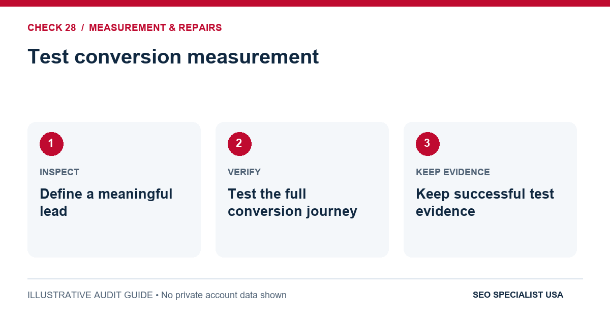 Audit diagram for test conversion measurement: Define a meaningful lead; Test the full conversion journey; Keep successful test evidence.